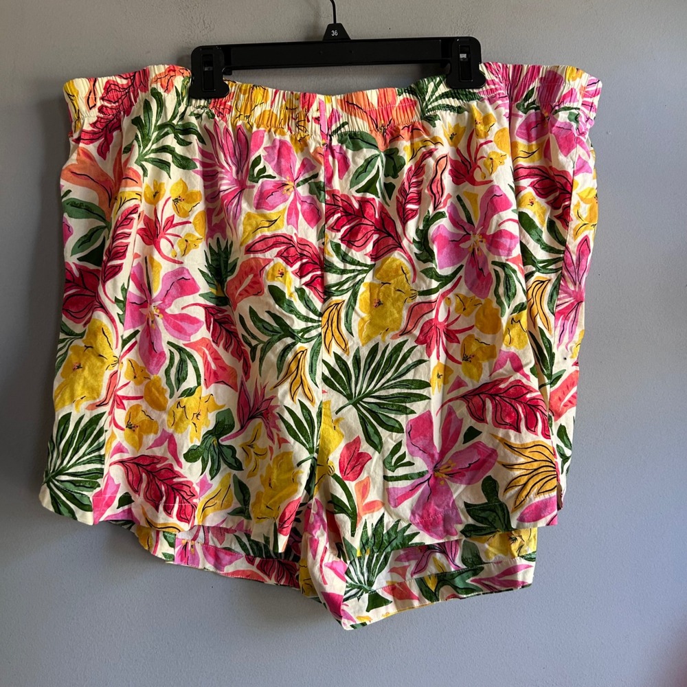 Old Navy Womens 4X Tropical Floral Cotton Elastic Waist Shorts Pink Yellow Green